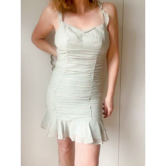 Storia Women's Dress Mini Mint Green Ditsy Floral Print Size Small Ruched Ruffle - Picture 6 of 6